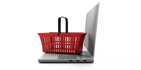 Wall Mural - Shopping basket on a laptop isolated on white background. 3d illustration