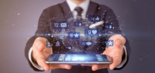 Poster - Businessman holding Social network notifications - 3d rendering