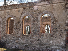 Landscape With Beautiful Abandoned Church Ruins, Arched Windows, Stone Walls, Building Without A Roof