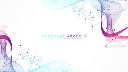 Poster - Big Genomic Data Visualization. DNA helix, DNA strand, DNA Test. CRISPR CAS9 - Genetic engineering. Molecule or atom, neurons. Abstract structure for Science or medical background, banner. Wave flow.