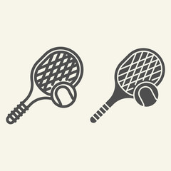Poster - Tennis line and solid icon. Tennis racket and ball outline style pictogram on beige background. Fitness activity signs for mobile concept and web design. Vector graphics.