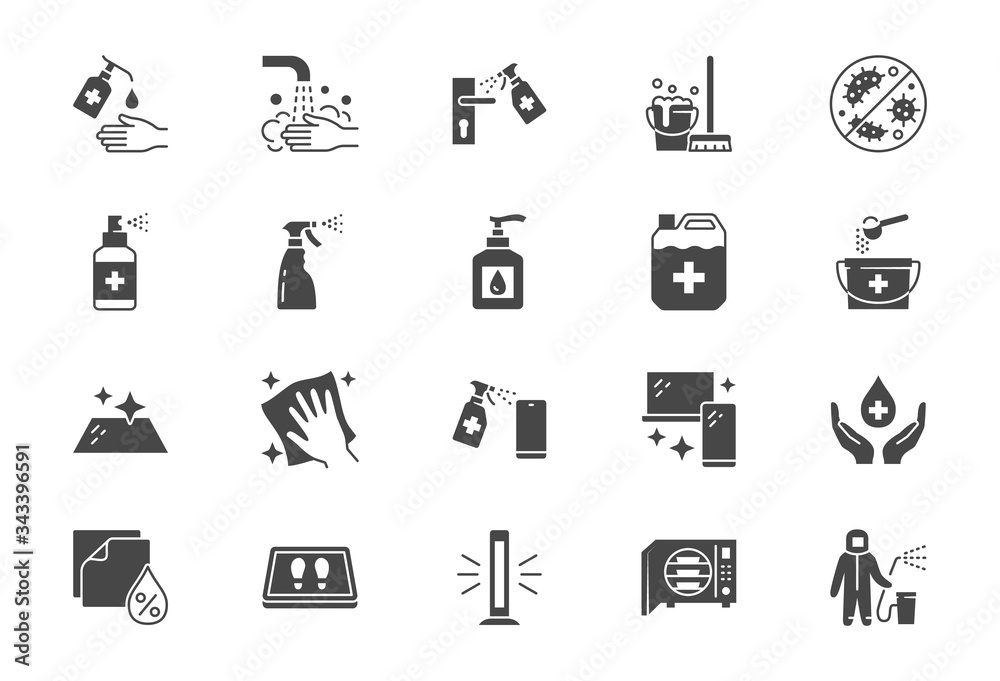 Disinfection flat icons. Vector illustration included icon as spray bottle, floor cleaning mop, wash hands gel, autoclave uv lamp black silhouette pictogram for housekeeping - obrazy, fototapety, plakaty 
