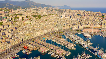 Genoa, Italy. Central part of the city, aerial view. Ships in the port, Aerial View