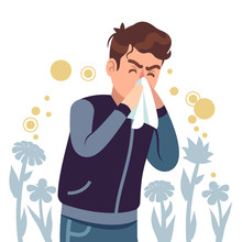 Sneezing Man. Spring Allergy, Symptom Sickness Runny, Itchy And Sneeze, Cough And Lacrimation, Healthcare Problems Flat Vector Concept