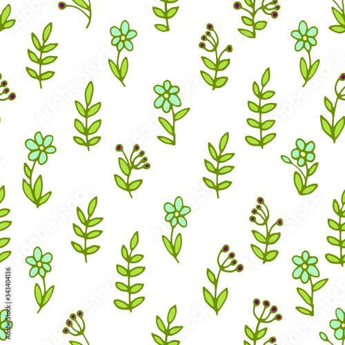 Vector seamless pattern: pastel color hand drawn simple flowers with leaves a...