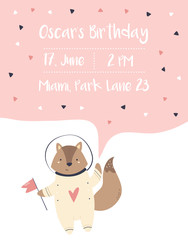 Wall Mural - Baby Shower, Birthday invitation card with fox cosmonaut