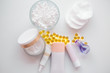© Ксения Третьякова - set of cosmetics for girls, home body and face care, anti-aging natural face cream, cotton buds, manicure oil, top view