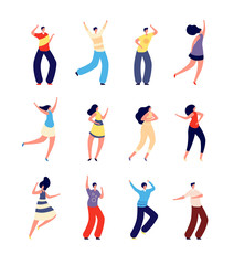 Poster - Dancing people. Joyful couples dance. Woman man on festive party festival or rave. Isolated girl boy dancers. Crowd clubbing guys vector set. Girl and man in club dancing illustration