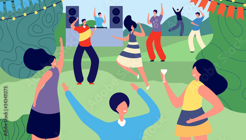 Garden party. Adult outdoor barbecue. Women men in summer park. Disco, friends drinking and recreation. Backyard leisure vector illustration. Summer character relax dance and leisure in park