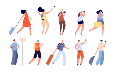 Sticker - Tourist people. Traveler characters, adult travelling with bags. Isolated youngs man, woman with camera and suitcase or luggage vector set. Illustration people with luggage, traveler with suitcase