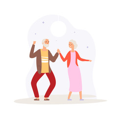 Sticker - Grandparents dancing. Happy elderly couple party. Man woman dance on disco, fun active time. Old people relax vector illustration. Elderly couple party, dance music retirement