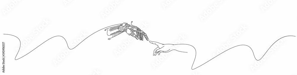Hands of Robot and Human hands touching with fingers, Virtual Reality or Artificial Intelligence Technology Concept - obrazy, fototapety, plakaty 