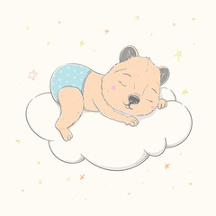 Wall Mural - Lovely cute Quokka is sleeping on a white cloud. Beautiful Quokka dressed in blue panties.