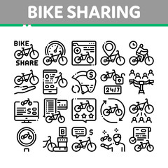 Poster - Bike Sharing Business Collection Icons Set Vector. Bike Share Deal And Agreement, Web Site And Phone Application, Helmet And Bicycle Parking Concept Linear Pictograms. Monochrome Contour Illustrations