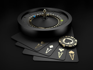 Poster - 3d Rendering of Black Casino Roulette Wheel with a blue ball and gold chip. isolated black, clipping path included