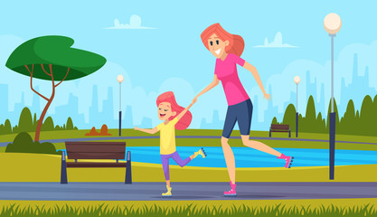 Wall Mural - Family couple. Happy parents playing with kids children good time vector cartoon illustrations set. Family mom and daughter healthy and happiness in park