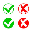 Checkmark and cross. Icon of true. Check answer. Wrong, correct, incorrect and right symbols. x or ok. Green yes, red dont. Positive and bad sign. Button for quiz. Circle with agree and error. Vector