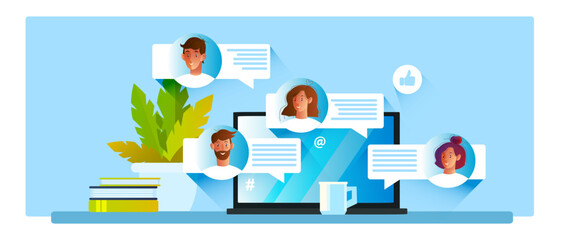 Vector business illustration with laptop, male and female profile avatars, abstract messages, coffee cup, home plant. Internet communication and teamwork concept in flat style. Online chat banner.