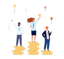 Poster - Winner ranking. Businessmen on money pedestals. Woman with golden victory cup vector concept. Winner success with cup trophy, business victory illustration