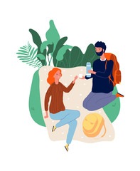 Sticker - Tourists at stop. Man woman on picnic. Male with backpack, female drinking. Hiking, vacation time vector illustration. Woman tourist and man on halt