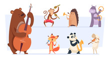 Animals Musicians. Wild Cartoon Zoo Animals With Musical Instruments Vocal And Song Play Band With Guitar Violin Vector Funny Set. Hedgehog And Hippopotamus, Melody Play Concert Illustration