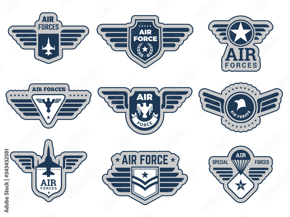 Air force labels. Vintage army badges military symbols eagle wings and ...