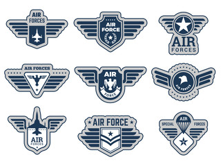 Wall Mural - Air force labels. Vintage army badges military symbols eagle wings and weapons vector illustrations set. Military army logo, sticker vintage badge