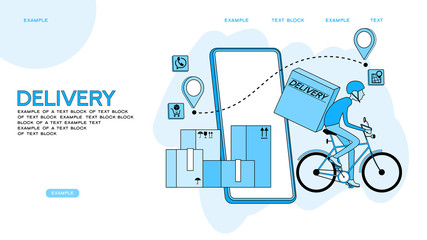 Wall Mural - Fast delivery by bike via mobile phone. Ecommerce concept. Online shopping. Online delivery service concept. Online order tracking. City logistics. Vector illustration