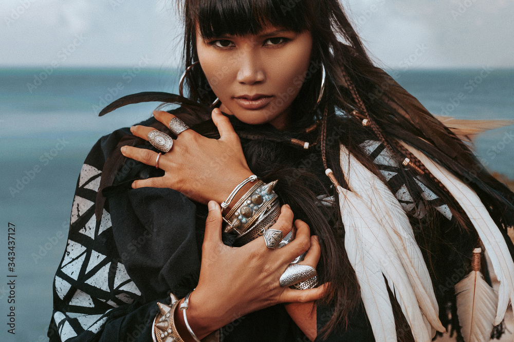 beautiful young stylish tribal style woman outdoors portrait - obrazy, fototapety, plakaty 