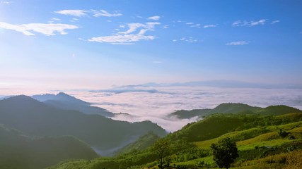 Wall Mural - time lapse winter fog in the valley and cloudy background at morning Chiang rai Thailand aerial view 