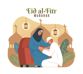 Wall Mural - Muslim man apologizing to his mother. Tradition of Eid al-Fitr for muslims