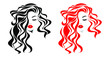 © alliwn - Black and red curly hair style, beautiful sexy woman face, red lips, fashion hairdresser, element design, spa salon. Beauty Logo. Vector illustration. Isolated on white.