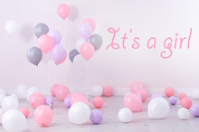 Baby Shower Party For Girl. Room Decorated With Balloons