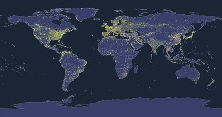 Wall Mural - world city lights map animation with silhouettes of continents and country borders