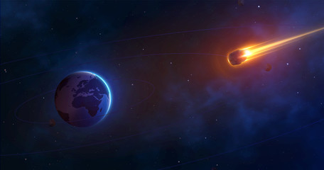 Poster - Space background with planet earth and burning comet. Giant asteroid is approaching the earth. Realistic Meteorite approach. Vector illustration