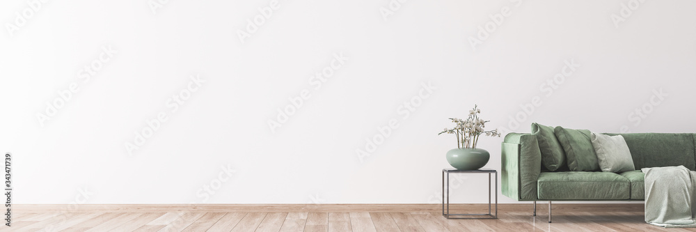 living room interior mock up, modern furniture and trendy home accessories, on white background, panorama - obrazy, fototapety, plakaty 