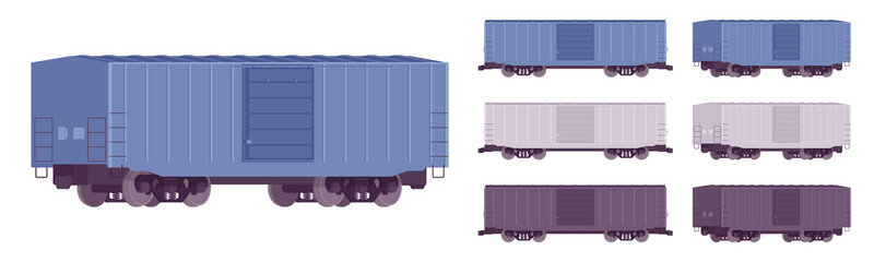 Wall Mural - Rail freight transport train, shipping container set. Railroad cargo transporting or goods railway delivery for making transshipment. Vector flat style cartoon illustration, different views and colors