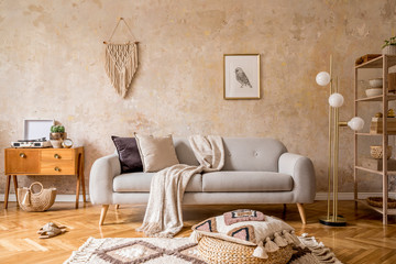 Wall Mural - stylish scandi compostion at living room interior with design gray sofa, wooden coffee table, shelf,