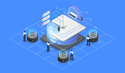 Wall Mural - Modern cloud technology and networking concept. Cloud database, Futuristic server energy station. Data visualization concept. 3d isometric vector illustration.