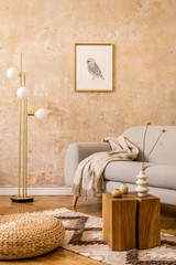 Wall Mural - modern concept of living room interior with gold lamp, design grey sofa, wooden cube, rattan pouf, m