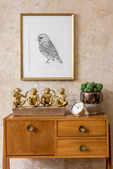 Wall Mural - stylish living room with vintage commode, gold mock up photo frame, gold clock, decoration, grunge w