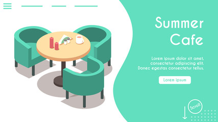 Vector banner isometric design of summer cafe