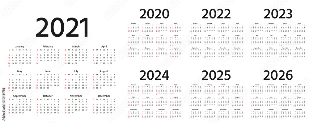 Calendar 2021, 2022, 2023, 2024, 2025, 2026, 2020 years. Vector illustration. Simple template. - obrazy, fototapety, plakaty 