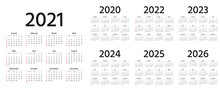 Calendar 2021, 2022, 2023, 2024, 2025, 2026, 2020 Years. Vector Illustration. Simple Template.