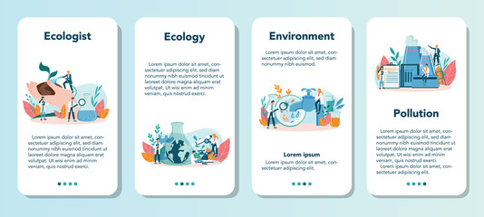 Wall Mural - Ecologist mobile application banner set. Set of scientist taking care