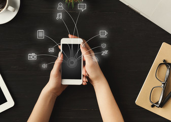 Poster - Woman using smart phone with flying network