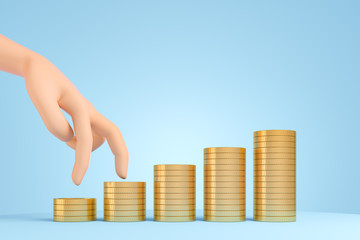 Cartoon fingers start walking up on gold coin stack over blue background. Investment and economy growth concept.