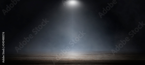 Fotomural Empty wooden table with smoke float up on dark background, perspective wooden floor shelf table, used as a studio background wall to display your products