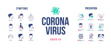 Coronavirus Design With Infographic Elements. Coronavirus Symptoms And Prevention. Novel Coronavirus 2019-nCoV Banner. Covid-19 Pandemic. Vector Illustration.