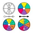 Board game color spinner with numbers set. Different style arrows and round body separate. Color sectors circle. Adjustable stroke width.